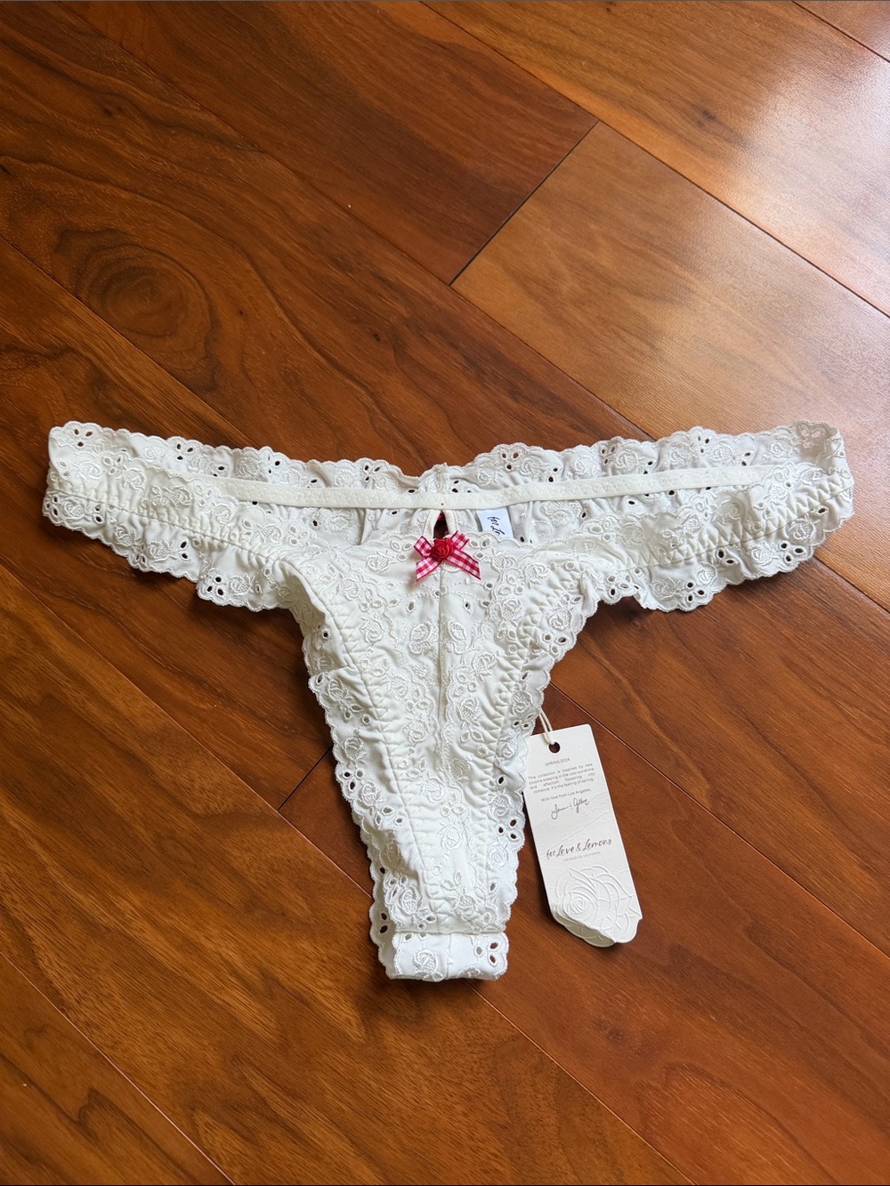 For Love & Lemons White Eyelet Lace Brief with Pink Gingham Bow